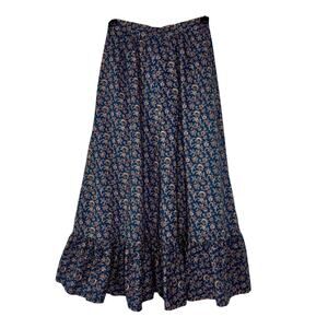 Vintage 1970s Handmade Blue Paisley Chore Skirt Apron Ruffle Pockets Large